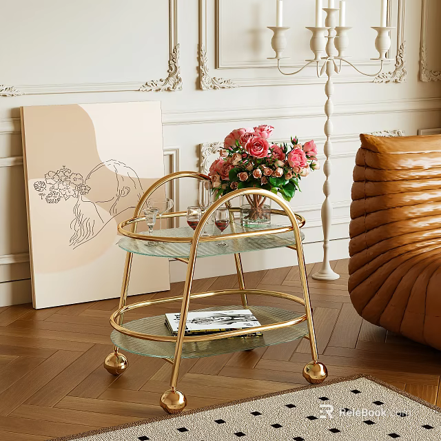 Elegant Gold Frame Glass Side Table With Pink Flower Bouquet And Leather Sofa In Living Room 3d model 