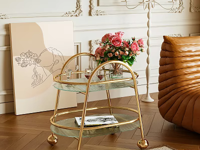 Elegant Gold Frame Glass Side Table With Pink Flower Bouquet And Leather Sofa In Living Room 3d model
