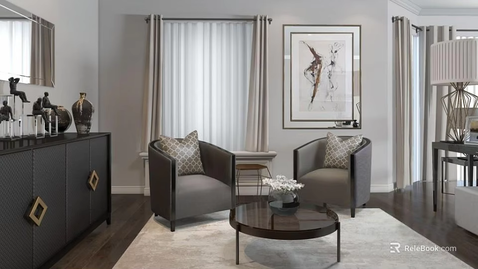 Casual Sofa Set With Gray Armchairs Round Coffee Table Area Rug And Curtains 3d model 