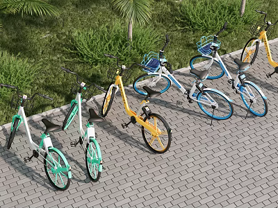 Colorful Bicycles Parked On Brick Paved Ground With Green Grass And Palm Trees 3d model