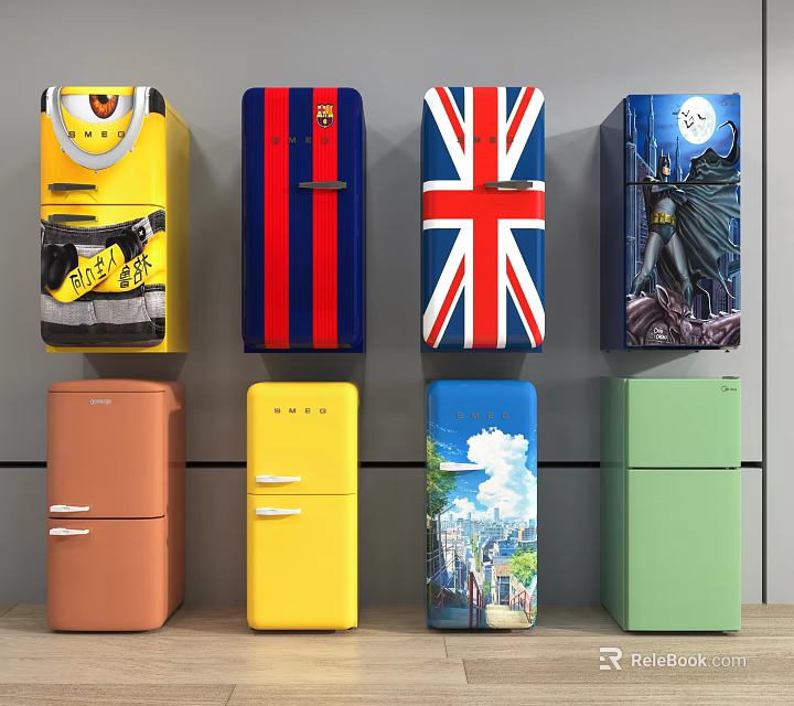Colorful Patterned Refrigerators With Various Designs Vibrant Colors And Home Styles 3d model 