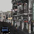 Traditional Chinese Commercial Street With Vintage Car Red Telephone Booth And Signboards