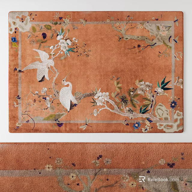 Elegant Orange Square Rug With Crane Floral Branches And Decorative Patterns 3d model
