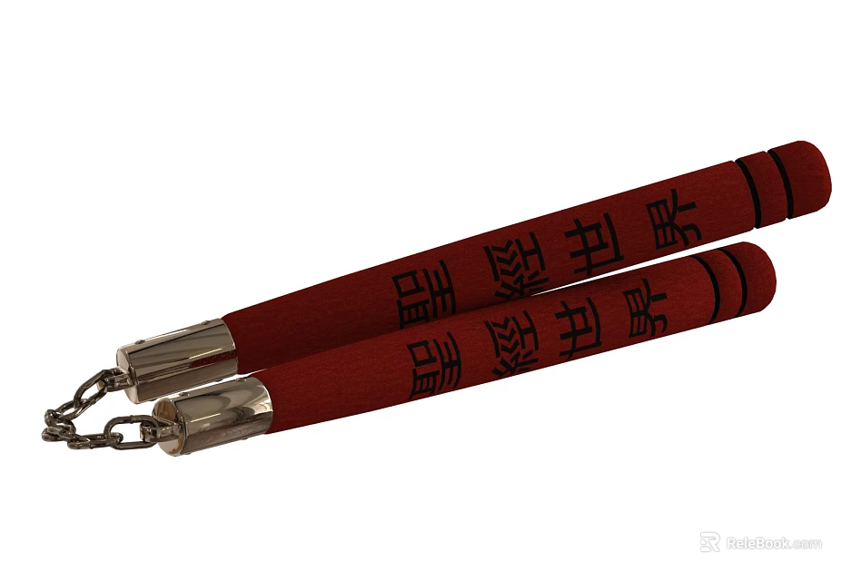 Red Nunchaku Martial Arts Weapon With Black Characters And Silver Chain 3d model 