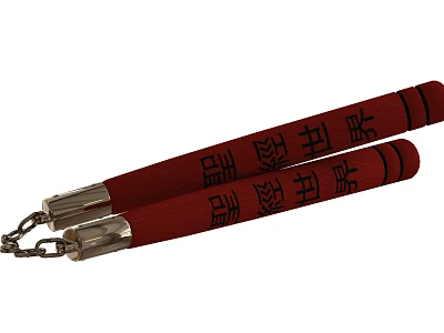 Red Nunchaku Martial Arts Weapon With Black Characters And Silver Chain 3d model