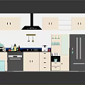 Modern Kitchen Interior Design With Cabinets Range Hood Refrigerator Oven And Countertop