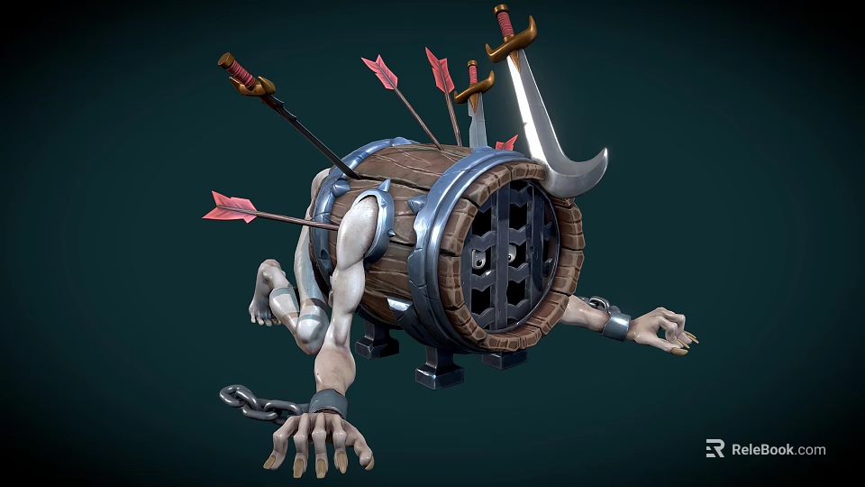 Game Movie Character with Wooden Barrel Body Skull Face Arrows Swords Extended Arms and Chains 3d model 