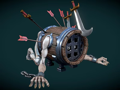 Game Movie Character with Wooden Barrel Body Skull Face Arrows Swords Extended Arms and Chains 3d model