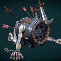 Game Movie Character with Wooden Barrel Body Skull Face Arrows Swords Extended Arms and Chains
