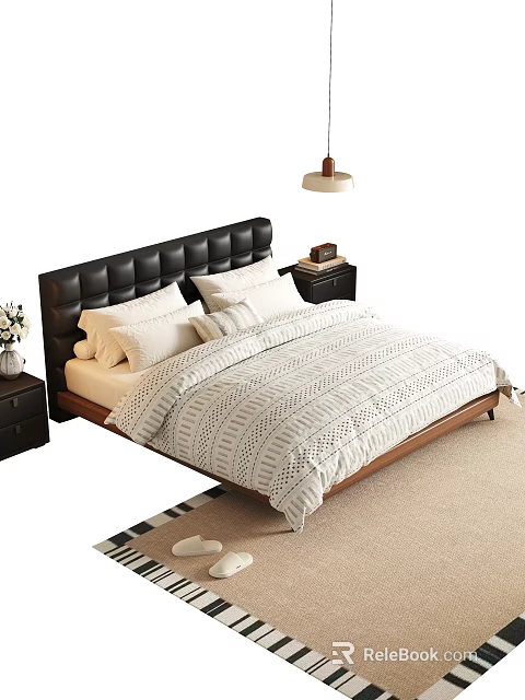 Double Bed with Black Leather Tufted Headboard White Striped Quilt Wooden Nightstands and Lamp 3d model 