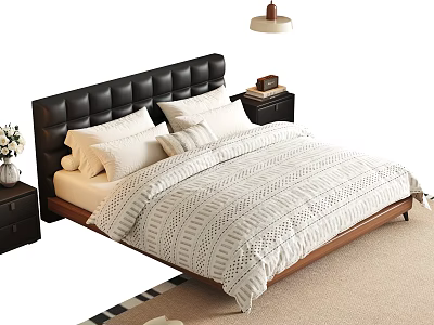 Double Bed with Black Leather Tufted Headboard White Striped Quilt Wooden Nightstands and Lamp 3d model