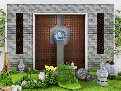 Garden Ornament With Gray Brick Wall Red Lattice Screen Blue Porcelain Plate And Stone Lanterns 3d model