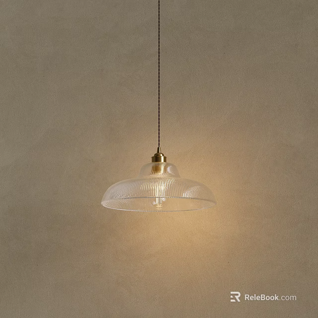 Chandelier With Transparent Glass Shade Vertical Stripes Golden Metal Top Soft Lighting Beige Wall Background 3d model 