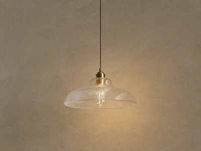 Chandelier With Transparent Glass Shade Vertical Stripes Golden Metal Top Soft Lighting Beige Wall Background 3d model