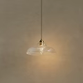 Chandelier With Transparent Glass Shade Vertical Stripes Golden Metal Top Soft Lighting Beige Wall Background