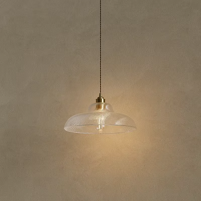 Chandelier With Transparent Glass Shade Vertical Stripes Golden Metal Top Soft Lighting Beige Wall Background 3d model