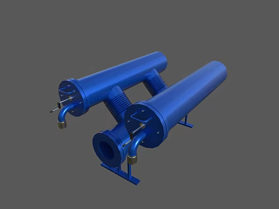 Blue Cylindrical Industrial Equipment With Metal Pipe Components And Brackets 3d model