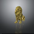 Detailed Golden Lion Sculpture Sitting With Majestic Mane And Shiny Golden Surface