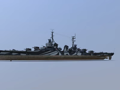 Military Warship With Camouflage Paint Deck Equipment And Antenna Systems On Ocean Surface 3d model
