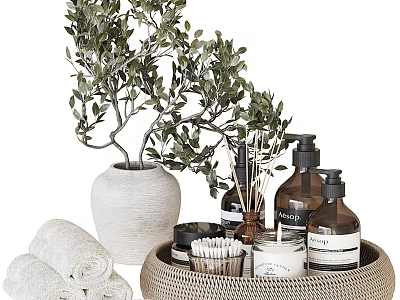Stylish Bathroom Accessories With Wicker Tray Towels Glass Bottles Candle Olive Tree And Ceramic Vase 3d model