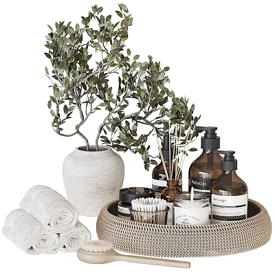 Stylish Bathroom Accessories With Wicker Tray Towels Glass Bottles Candle Olive Tree And Ceramic Vase 3d model