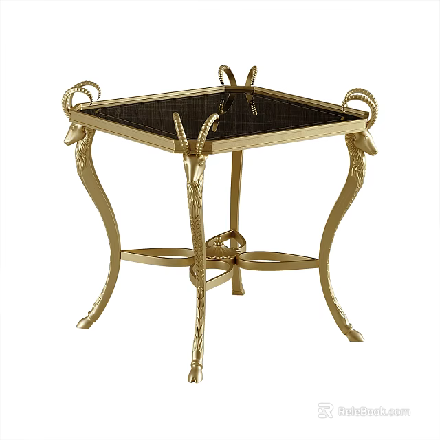 Luxurious Golden Metal Side Table With Decorative Horn Shaped Legs And Black Glass Top 3d model 