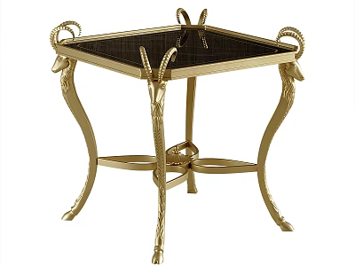 Luxurious Golden Metal Side Table With Decorative Horn Shaped Legs And Black Glass Top 3d model