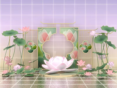 Traditional Lotus Themed Photo Check In Spot With Pink Flowers Green Leaves And Screen 3d model