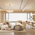 Modern Living and Dining Room Interior With Curved Sofa Round Coffee Table And Chandelier