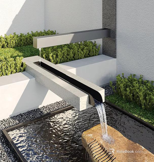 Sleek Water Fountain With Flowing Water Stone Structure And Green Plants Against White Wall 3d model 