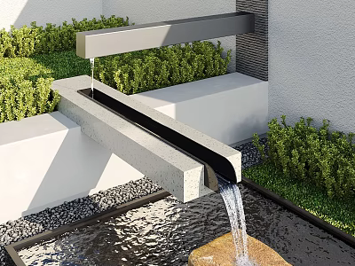 Sleek Water Fountain With Flowing Water Stone Structure And Green Plants Against White Wall 3d model