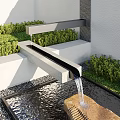 Sleek Water Fountain With Flowing Water Stone Structure And Green Plants Against White Wall