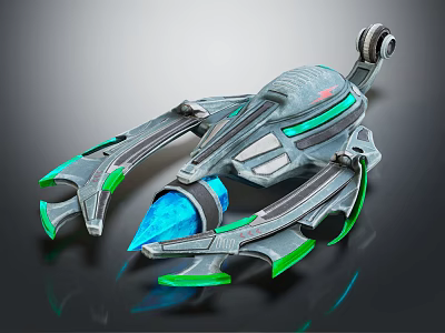 Futuristic Sci Fi Spaceship Model With Gray Green Blue Glowing Thrusters And Sleek Design 3d model
