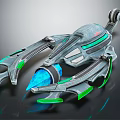 Futuristic Sci Fi Spaceship Model With Gray Green Blue Glowing Thrusters And Sleek Design