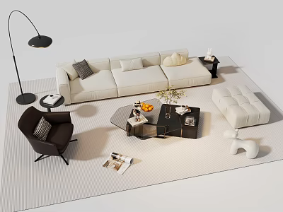 Modern Living Room Sofa And Coffee Table Set With Area Rug And Floor Lamp 3d model