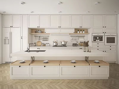 Modern White Kitchen Interior Design With Cabinets Island Countertop And Drawers 3d model