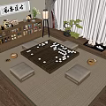 Serene Lounge Room With Go Board Tatami Seats Wooden Bookshelf Tea Set And Calligraphy Decor
