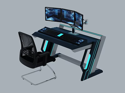 Modern Gaming Desk Setup With Triple Monitor Display RGB Lighting And Ergonomic Chair 3d model