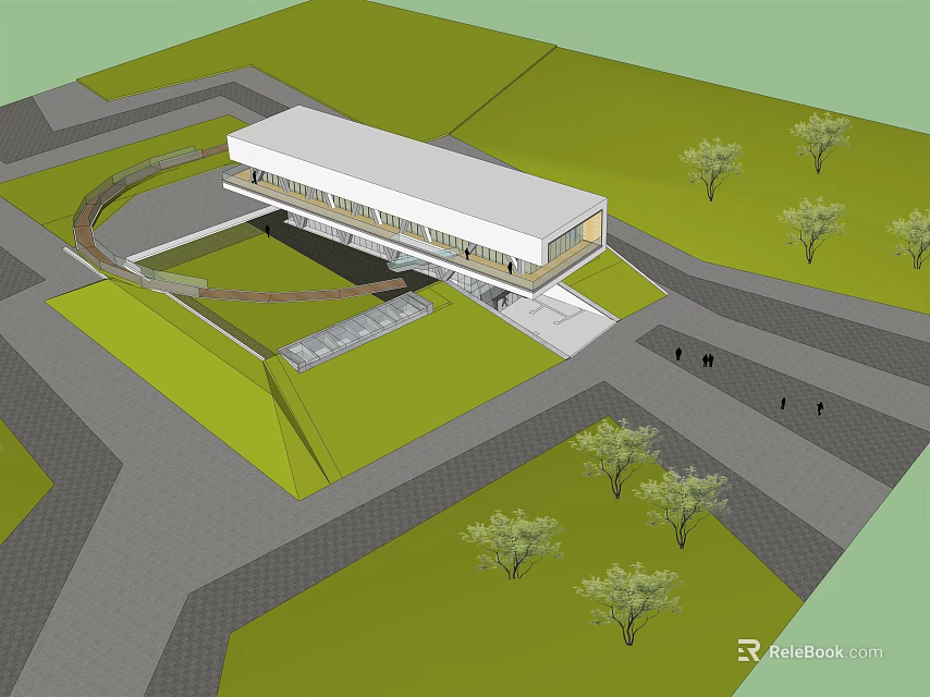 Modern Architectural Building With White Roof Green Area And Trees Around Pathways 3d model 