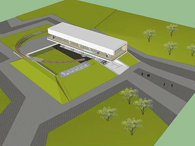 Modern Architectural Building With White Roof Green Area And Trees Around Pathways 3d model