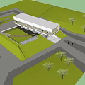Modern Architectural Building With White Roof Green Area And Trees Around Pathways
