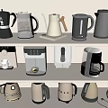 Various Modern Daily Electrical Appliances Displayed On Kitchen Shelves With Coffee Makers And Kettles