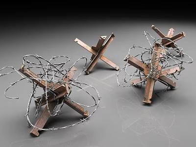 Three Rusty Metal Cross Structures Wrapped With Barbed Wire On Gray Surface 3d model