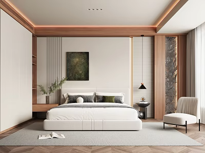 Modern Bedroom Interior With White Bed Green Painting And Wooden Accent Wall 3d model