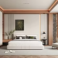 Modern Bedroom Interior With White Bed Green Painting And Wooden Accent Wall