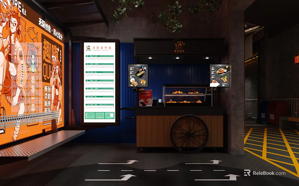 Modern Industrial Restaurant Interior With Open Kitchen Digital Menu And Baked Goods 3d model 