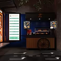 Modern Industrial Restaurant Interior With Open Kitchen Digital Menu And Baked Goods