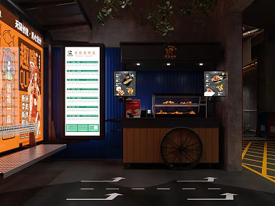 Modern Industrial Restaurant Interior With Open Kitchen Digital Menu And Baked Goods 3d model