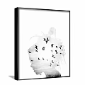 Black and White Animal Painting with Flying Birds in Head Silhouette on White Background
