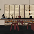 Traditional Chinese Tea Room Interior With Wooden Table Red Stools Tea Sets And Screen Panels